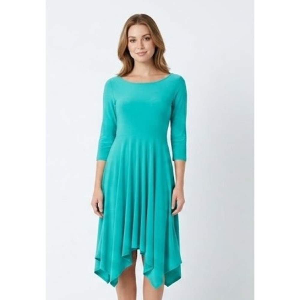 New Boston Proper Handkerchief Dress Small Teal 3/4 Sleeve Tie Back Stretch